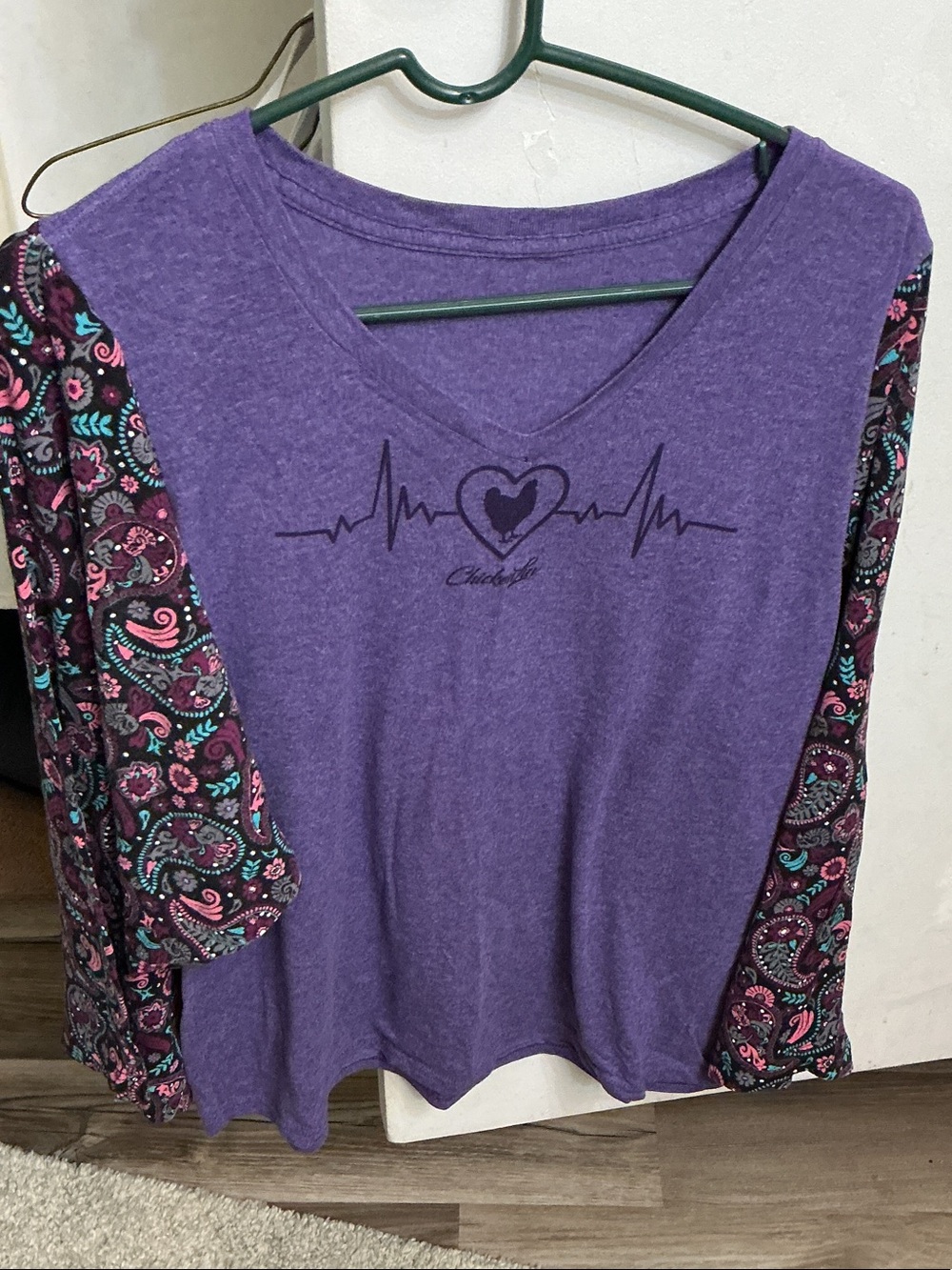 V-Neck Purple Long Sleeve Tee with Paisley Print Sleeves Upcycle hand made.